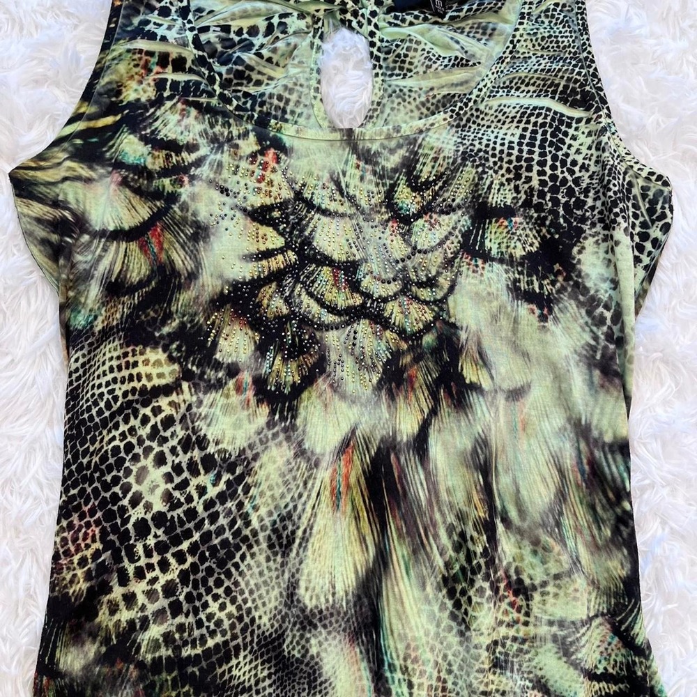 Y2K Green Animal & Floral Print Baby Doll Rhinestone Asymetrical Hem Top Medium - Picture 3 of 8